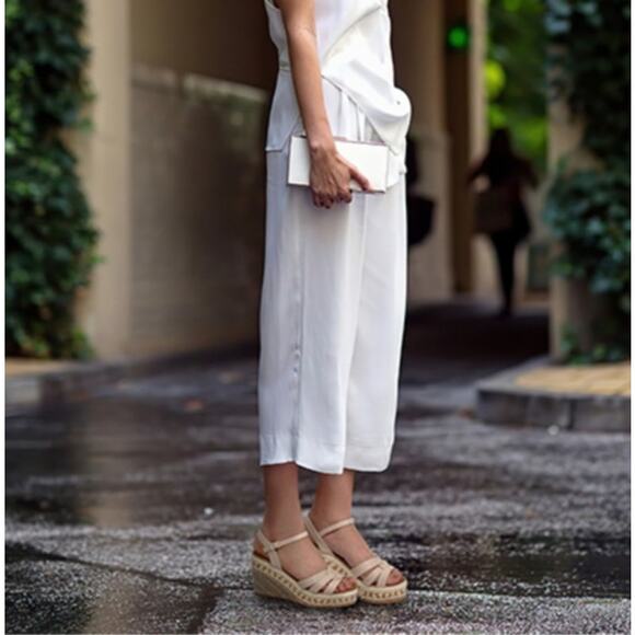 Espadrille Wedge Platform Sandals Sz 9 41 Cream Faux Leather Buckle Ankle Strap - Picture 16 of 16
